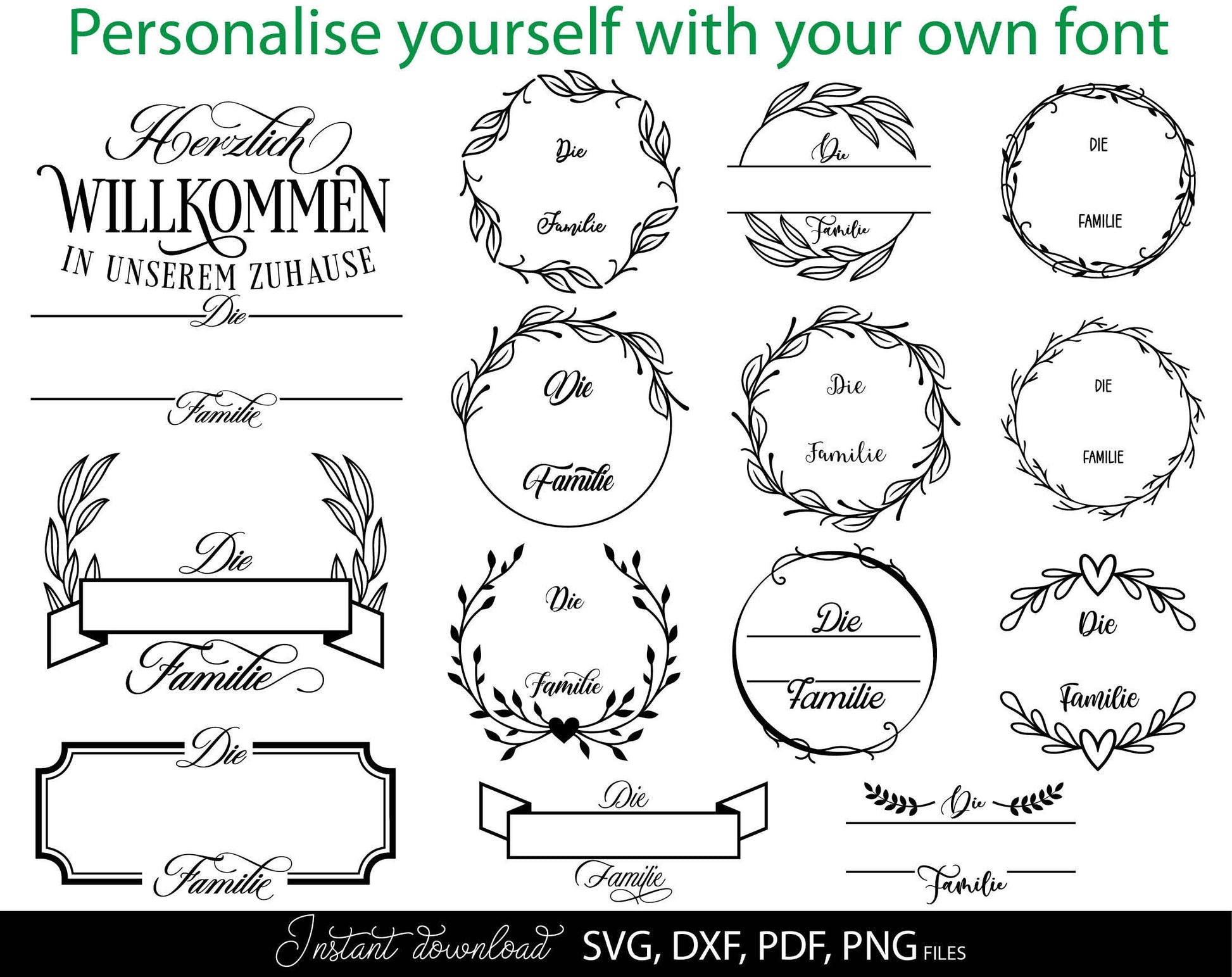 German Willkommen Family Name Monograms Plotter File  Bundle. For Your home decoration. SVG, DXF, EPS, PNG files included. Use for cutting from vinyl, sublimation or laser cut files. Compatible with Cricut, Silhouette or other equipment. Buy now!