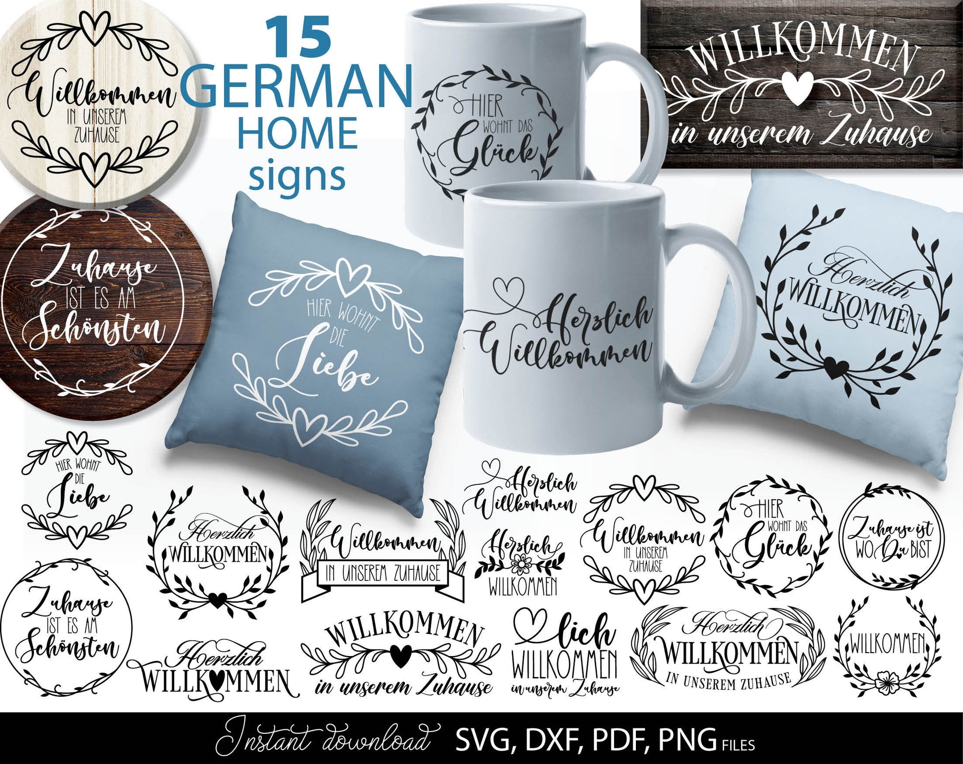 German Willkommen Plotter File Svg Bundle. For Your home decoration. SVG, DXF, EPS, PNG files included. Use for cutting from vinyl, sublimation or laser cut files.