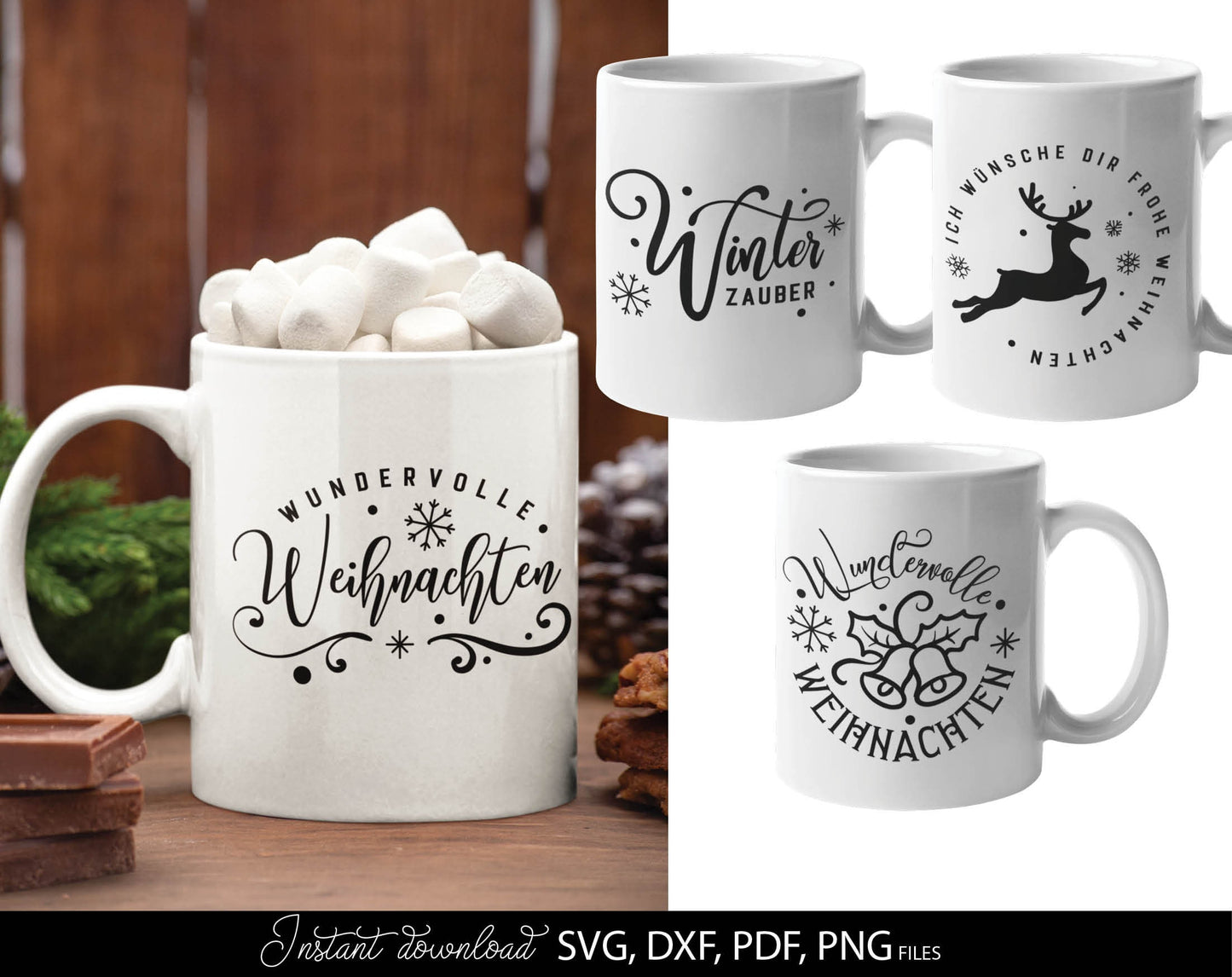 German Frohe Weihnachten plotter file svg png dxf designs bundle for You Christmas evening ornaments. Use for cutting from vinyl, sublimation or laser cut projects.
Buy now and enjoy!