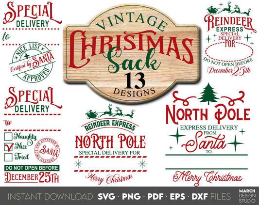 Santa Sack vintage Christmas bundle. Beautiful stamp for Your christmas gifts. Designs with North Pole, Reindeer etc. Use for cutting from vinyl, sublimation or laser cut projects. Buy now and enjoy! Compatible with Cricut, Silhouette equipment.