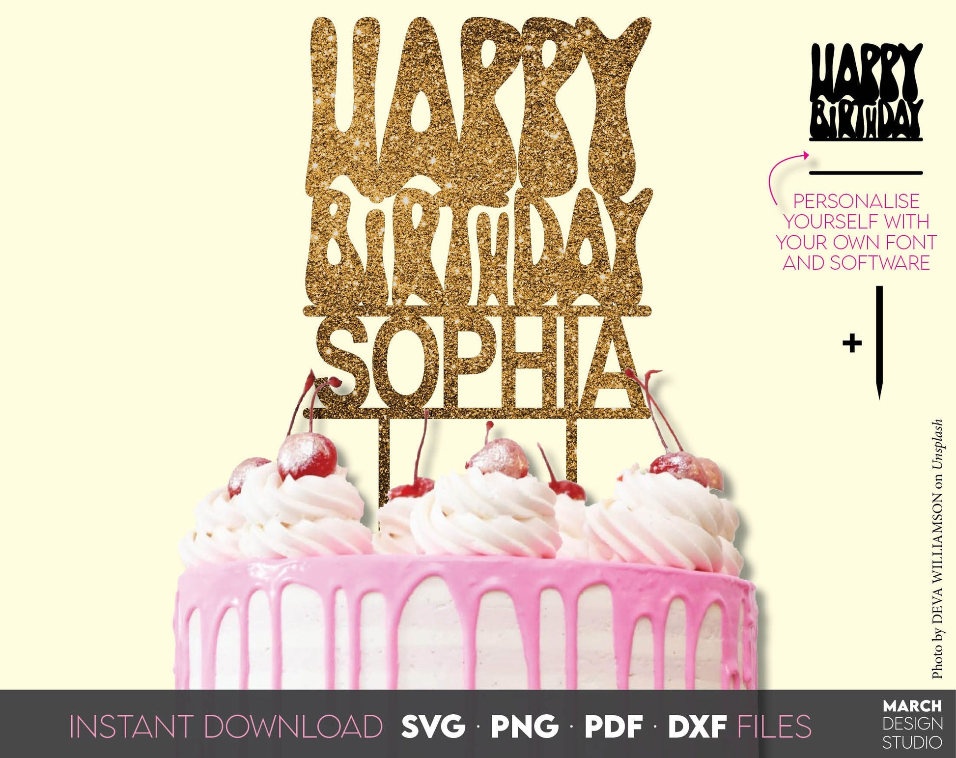 Happy birthday split cake topper svg png dxf eps file included for Your loved one birthday cake. Use with cricut, silhouette, glowforge equipment. Cut from vinyl, use for sublimation or laser cut projects with cnc equipment. Buy now and enjoy!