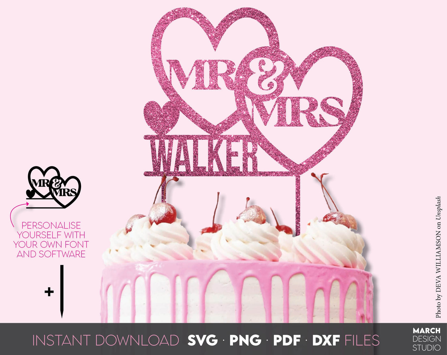 Mr and Mrs cake toppers bundle for Your wedding cake. SVG, PNG, DXF, PDF files included. Use for cutting from vinyl, sublimation or laser cut projects. Compatible with Cricut, Silhouette or other equipment. Buy now for a good price and enjoy!