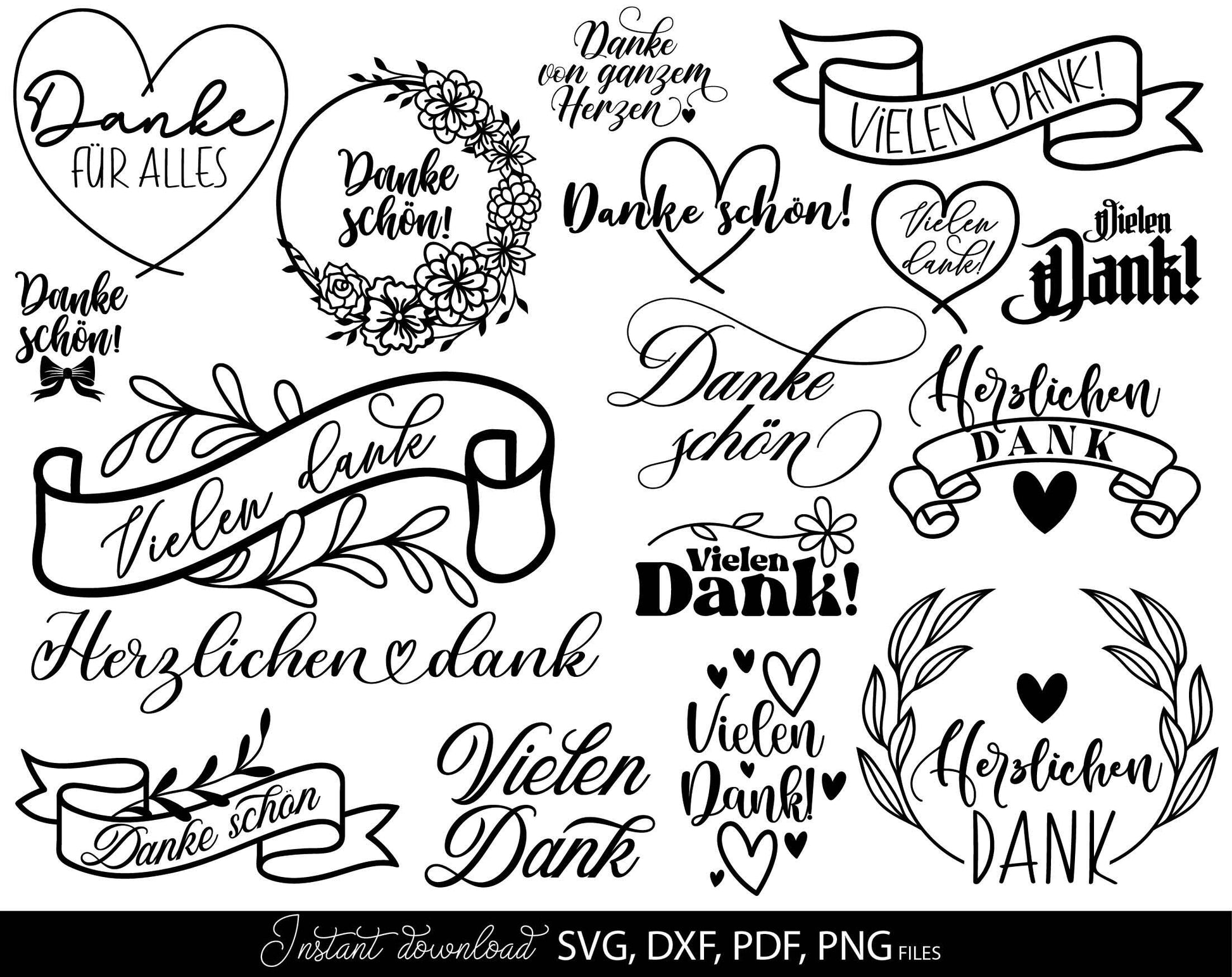 17 German plotter files Thank You signs bundle. SVG, PNG, DXF, EPS files included. Use for cutting from vinyl, sublimation or laser cut files. Compatible with Cricut, Silhouette or other equipment. Buy now for a good price and enjoy!