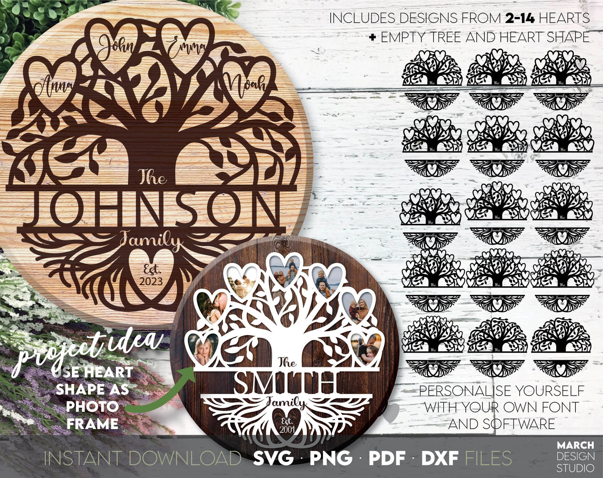 Family Tree or tree of life design for Your gift projects or home decoration. Files allow you to use designs for engraving on glass, printing, make wall decors with Cricut, Silhouette equipment. Monogram files also designed and easy to use for laser.