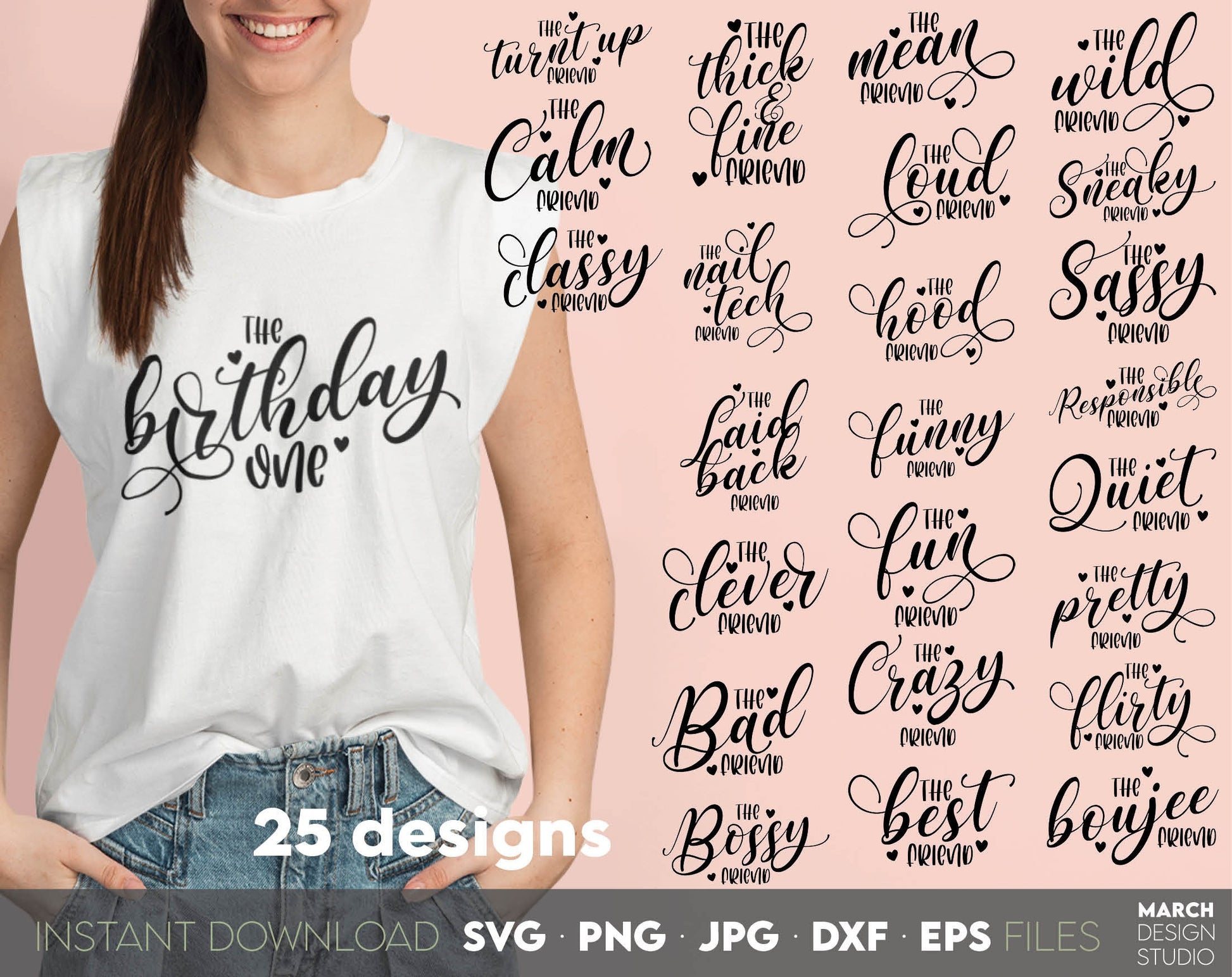 25 Birthday One friends or family Birthday squad matching shirts designs. SVG PNG JPG DXF EPS files included. Compatible with Cricut, Silhouette or other equipment. Cut from vinyl, use for sublimation or other projects. Buy now for a good price!