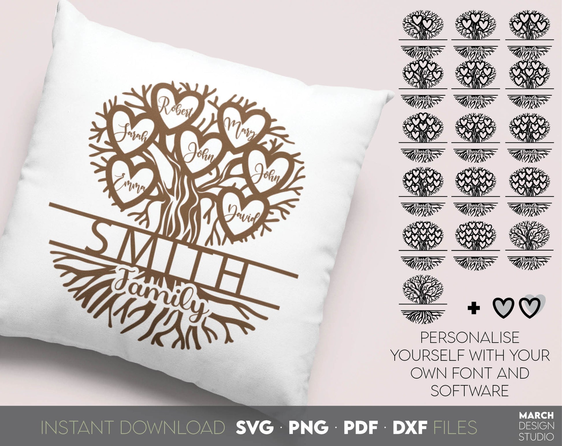 Family Tree SVG design for Your gift projects or home decoration. 
Files allow you to use designs for engraving on glass, making shirts, tumblers with Cricut, Silhouette equipment. Monogram files also designed and easy to use for laser cutting.