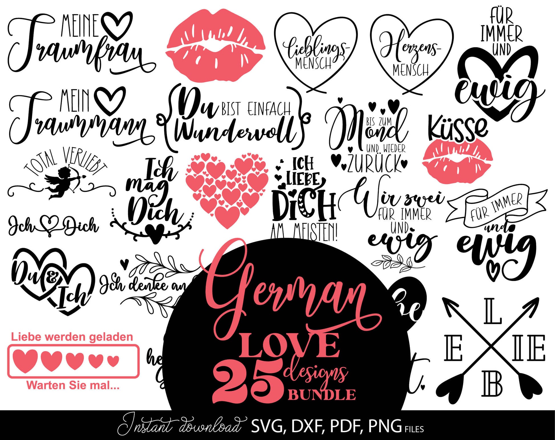 German Liebe Quotes Plotter File SVG PNG DXF, PDF files included. Compatible with Cricut, Silhouette and others machines. Use for sublimation or laser cut projects as well. Buy now for a good - discount price. Enjoy!