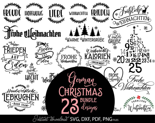 German Christmas bundle 23 designs. SVG DXF PDF PNG files included. Compatible with Cricut, Silhouette or other equipment. Cut from vinyl, use for sublimation or laser cut  or grave projects. Buy now for a good price and enjoy!