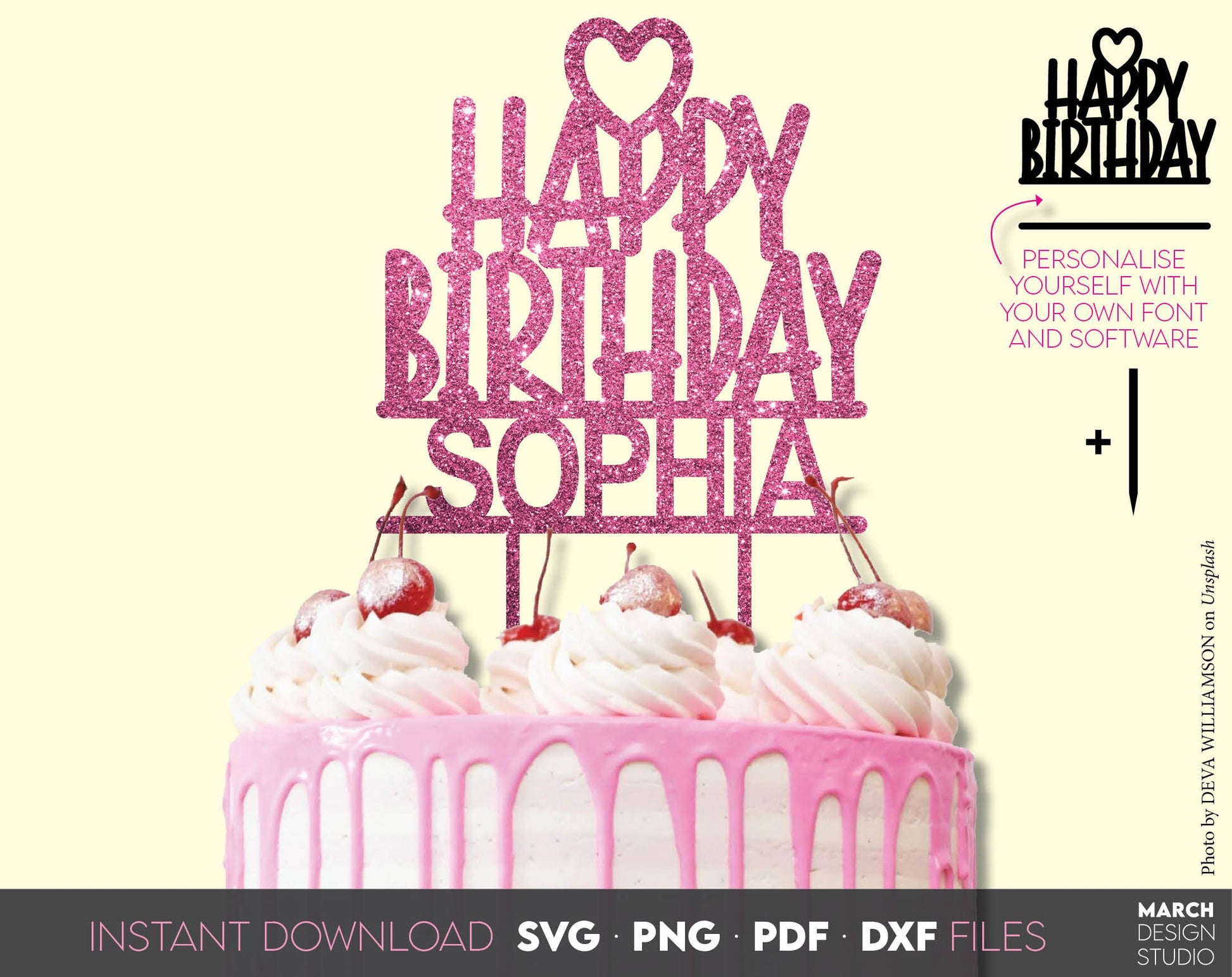 Happy birthday split cake topper svg png dxf eps file included for Your loved one birthday cake. Use with cricut, silhouette, glowforge equipment. Cut from vinyl, use for sublimation or laser cut projects with cnc equipment. Buy now and enjoy!