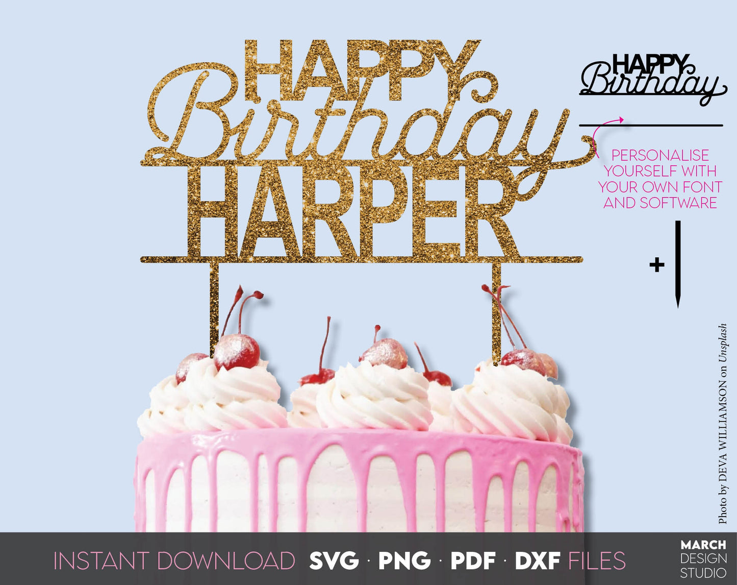 Happy birthday split cake topper svg png dxf eps file included for Your loved one birthday cake. Use with cricut, silhouette, glowforge equipment. Cut from vinyl, use for sublimation or laser cut projects with cnc equipment. Buy now and enjoy!