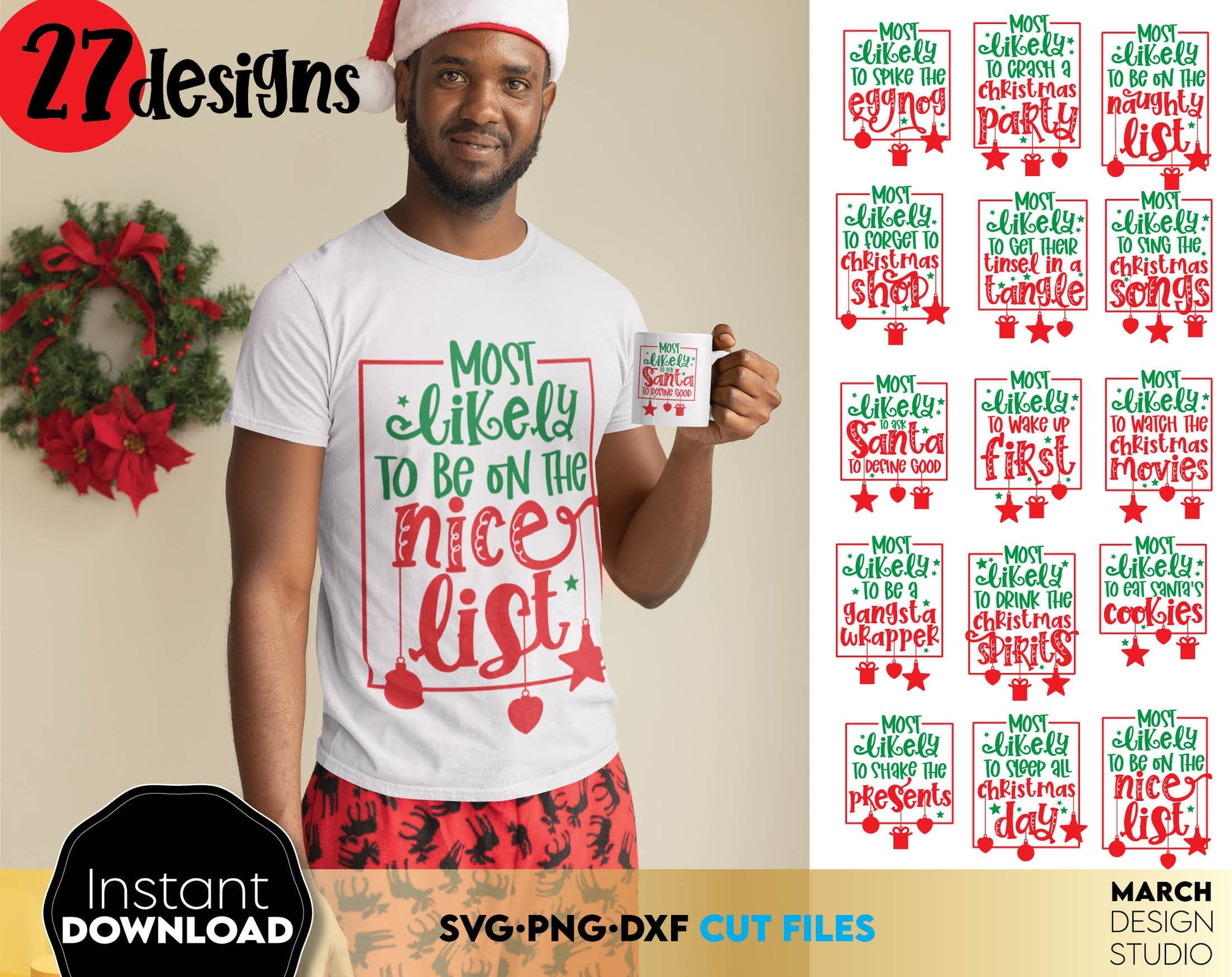 Most Likely To - Christmas bundle. Matching Shirts for Your Funny Family Christmas. Find the right design for every member of the family and make your Christmas fun. Use for cutting from vinyl, sublimation or laser cut projects. Buy now and enjoy!