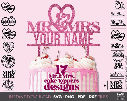 Mr and Mrs cake toppers bundle for Your wedding cake. SVG, PNG, DXF, PDF files included. Use for cutting from vinyl, sublimation or laser cut projects. Compatible with Cricut, Silhouette or other equipment. Buy now for a good price and enjoy!