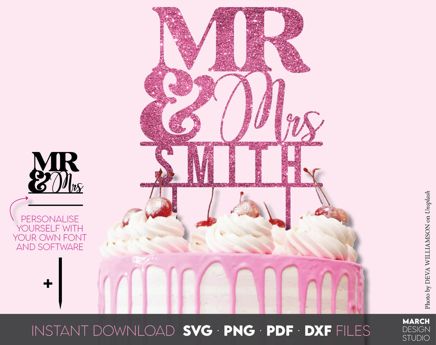Mr and Mrs cake toppers bundle for Your wedding cake. SVG, PNG, DXF, PDF files included. Use for cutting from vinyl, sublimation or laser cut projects. Compatible with Cricut, Silhouette or other equipment. Buy now for a good price and enjoy!