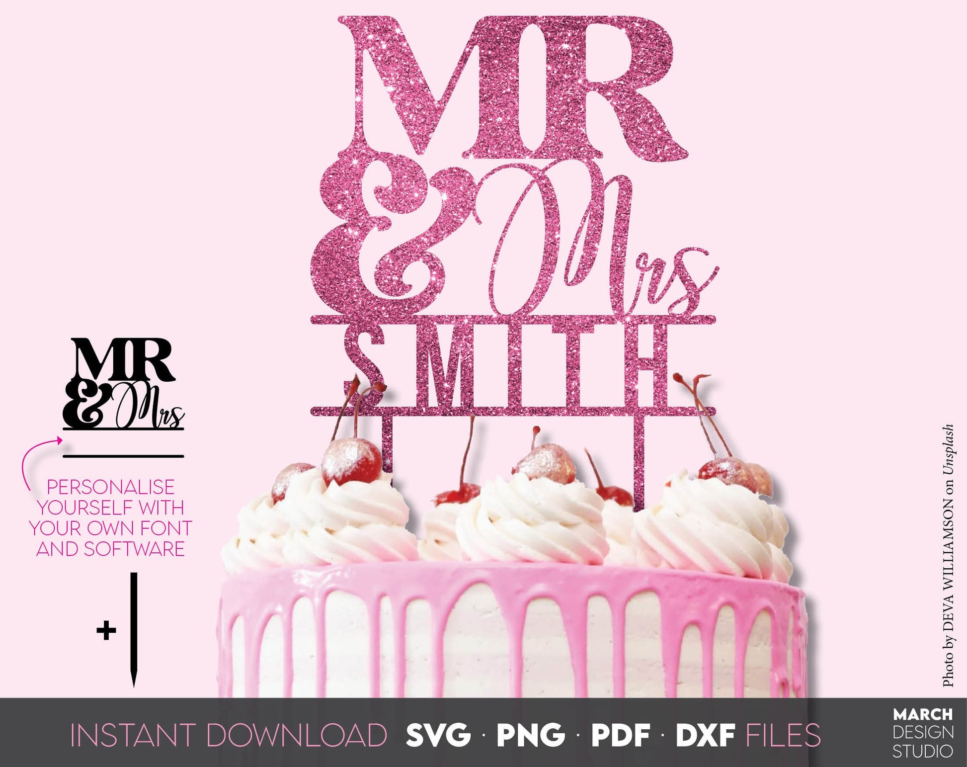Mr and Mrs cake toppers bundle for Your wedding cake. SVG, PNG, DXF, PDF files included. Use for cutting from vinyl, sublimation or laser cut projects. Compatible with Cricut, Silhouette or other equipment. Buy now for a good price and enjoy!