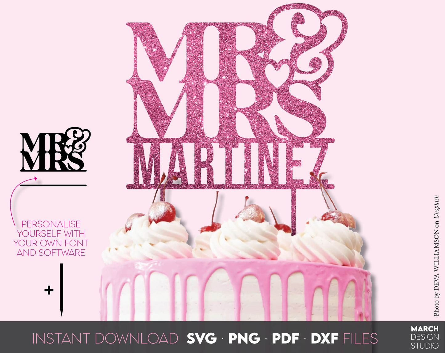 Mr and Mrs cake toppers bundle for Your wedding cake. SVG, PNG, DXF, PDF files included. Use for cutting from vinyl, sublimation or laser cut projects. Compatible with Cricut, Silhouette or other equipment. Buy now for a good price and enjoy!