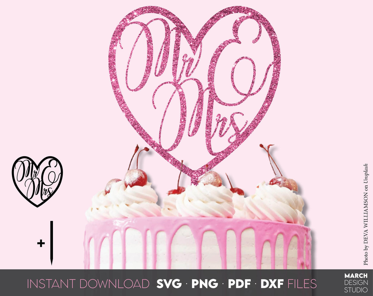 Mr and Mrs cake toppers bundle for Your wedding cake. SVG, PNG, DXF, PDF files included. Use for cutting from vinyl, sublimation or laser cut projects. Compatible with Cricut, Silhouette or other equipment. Buy now for a good price and enjoy!