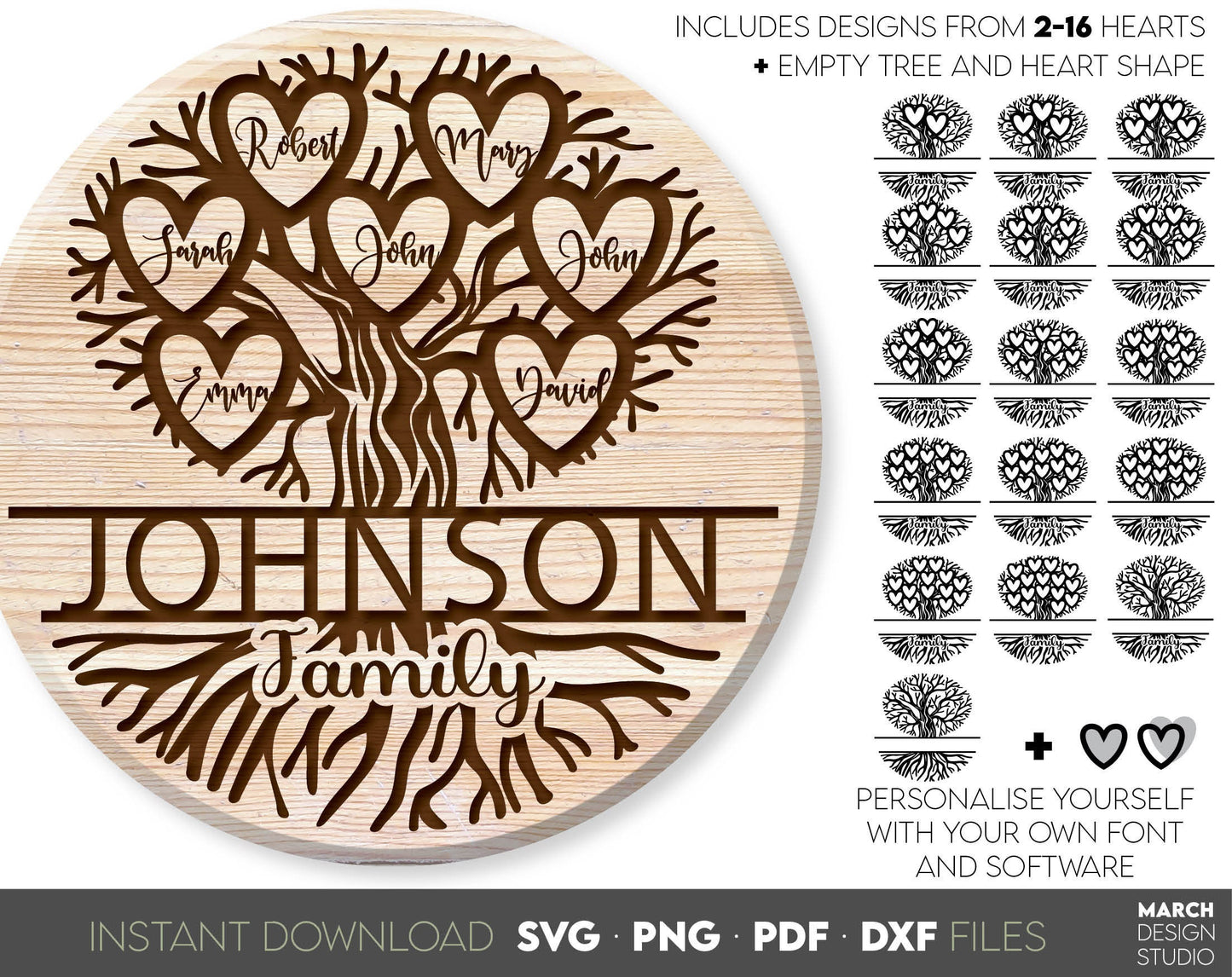 Family Tree SVG design for Your gift projects or home decoration. 
Files allow you to use designs for engraving on glass, making shirts, tumblers with Cricut, Silhouette equipment. Monogram files also designed and easy to use for laser cutting.