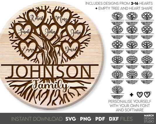 Family Tree SVG design for Your gift projects or home decoration. 
Files allow you to use designs for engraving on glass, making shirts, tumblers with Cricut, Silhouette equipment. Monogram files also designed and easy to use for laser cutting.