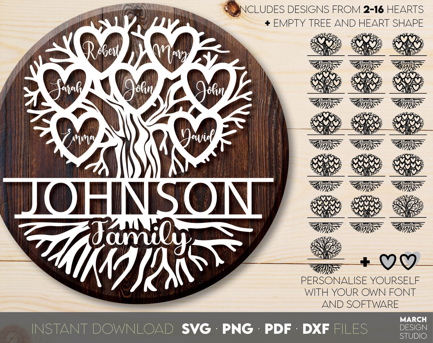 Family Tree SVG design for Your gift projects or home decoration. 
Files allow you to use designs for engraving on glass, making shirts, tumblers with Cricut, Silhouette equipment. Monogram files also designed and easy to use for laser cutting.