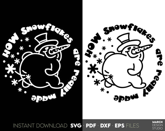 Funny New Years Eve design - How Snowflakes are really made. SVG, PDF, DXF, PNG files included. Compatible with Cricut, Silhouette or Glowforge equipment. Use foe cutting from vinyl, sublimation or laser cut projects. Buy now and enjoy!