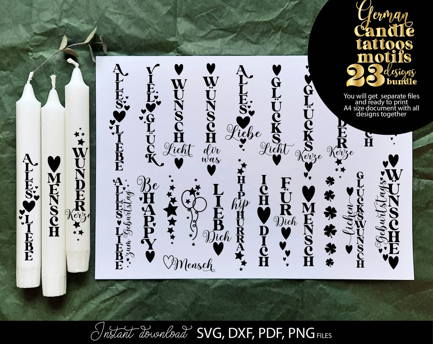 Plotter file candle texts candle design SVG PNG Glückslicht | bundle German words | cut file German lettering candle design svg png dxf eps