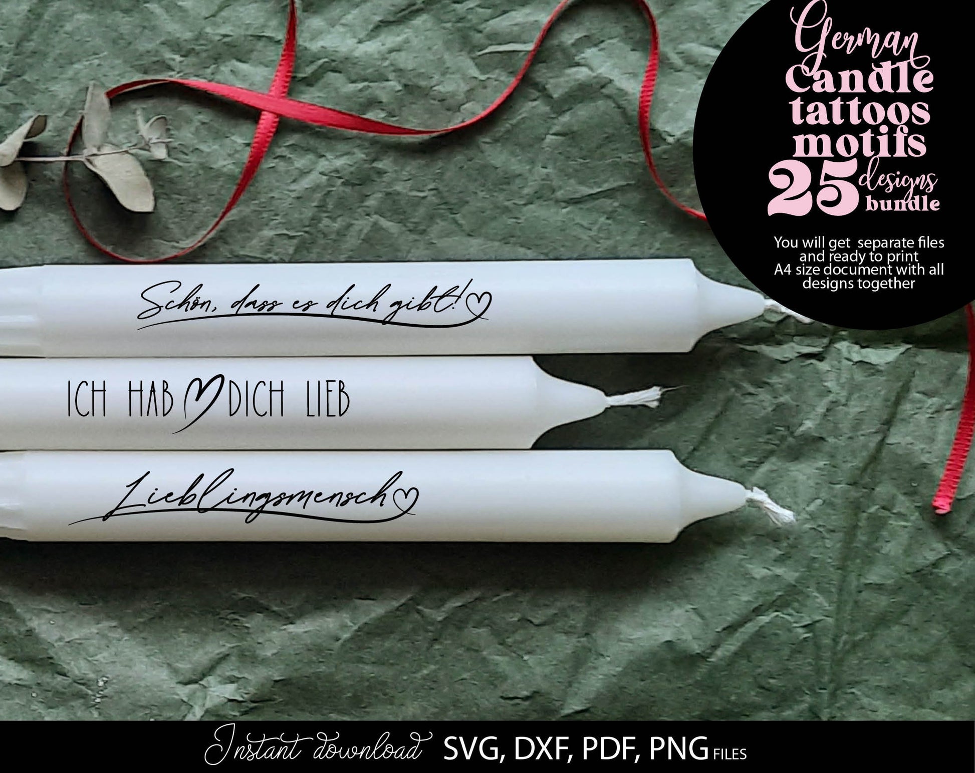 Bundle German Words Liebe Familie SVG Cut File German Lettering Christmas for You Christmas or other evening ornaments. Use for cutting from vinyl, sublimation or laser cut projects.
It looks beautiful when used to decorate candles. Buy now and enjoy