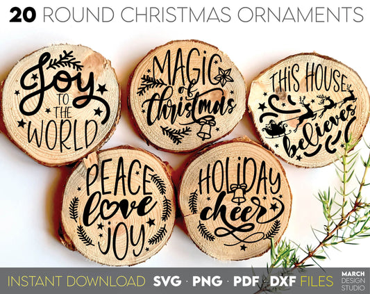 Hand Lettered Christmas Round Ornaments. Use for cutting form vinyl, sublimation or laser cut or grave projects. SVG, PNG, DXF, EPS files included. Compatible with Cricut, Silhouette, Glowforge and other equipment. Buy now for a good price and enjoy!