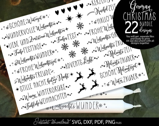 Bundle German Words Christmas SVG Plotter File Candle Texts Christmas Candle Design. Use with water slide paper. With Cricut, Silhouette or Glowforge as well. 22 German Christmas sayings included. SVG, DXF, EPS and PNG files included. Buy and enjoy!