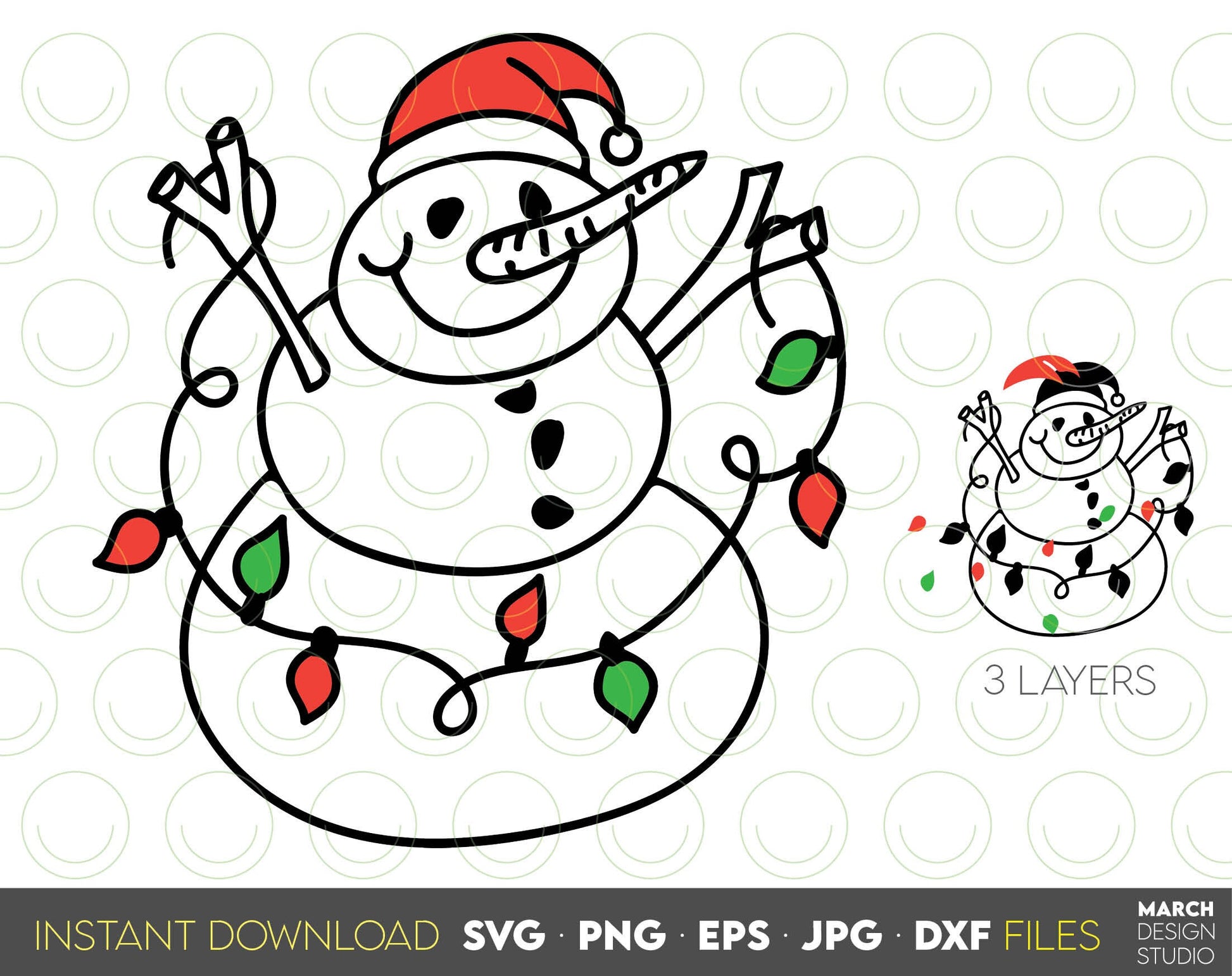 Christmas Lights Snowman clipart for Your Christmas ornaments. Use for cutting form vinyl, sublimation or laser cut projects. SVG, PNG, DXF, EPS and JPG files included. Compatible with Cricut, Silhouette, Glowforge and other equipment. Buy now!