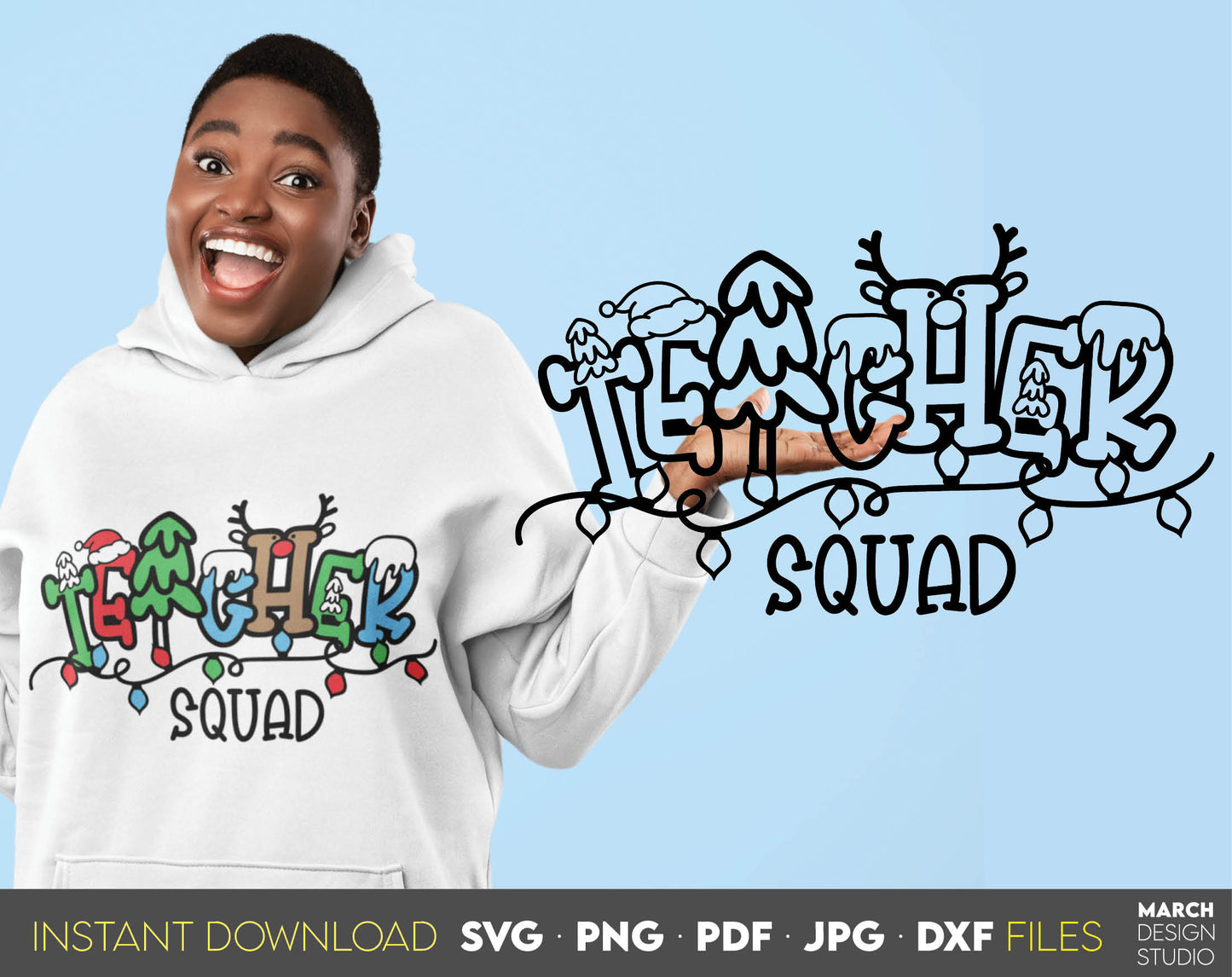 Teacher squad funny doodle letter style letters design. Use for cutting form vinyl, sublimation or laser cut projects. SVG, PNG, DXF, PDF and JPG files included. Compatible with Cricut, Silhouette, Glowforge and other equipment. Buy now!