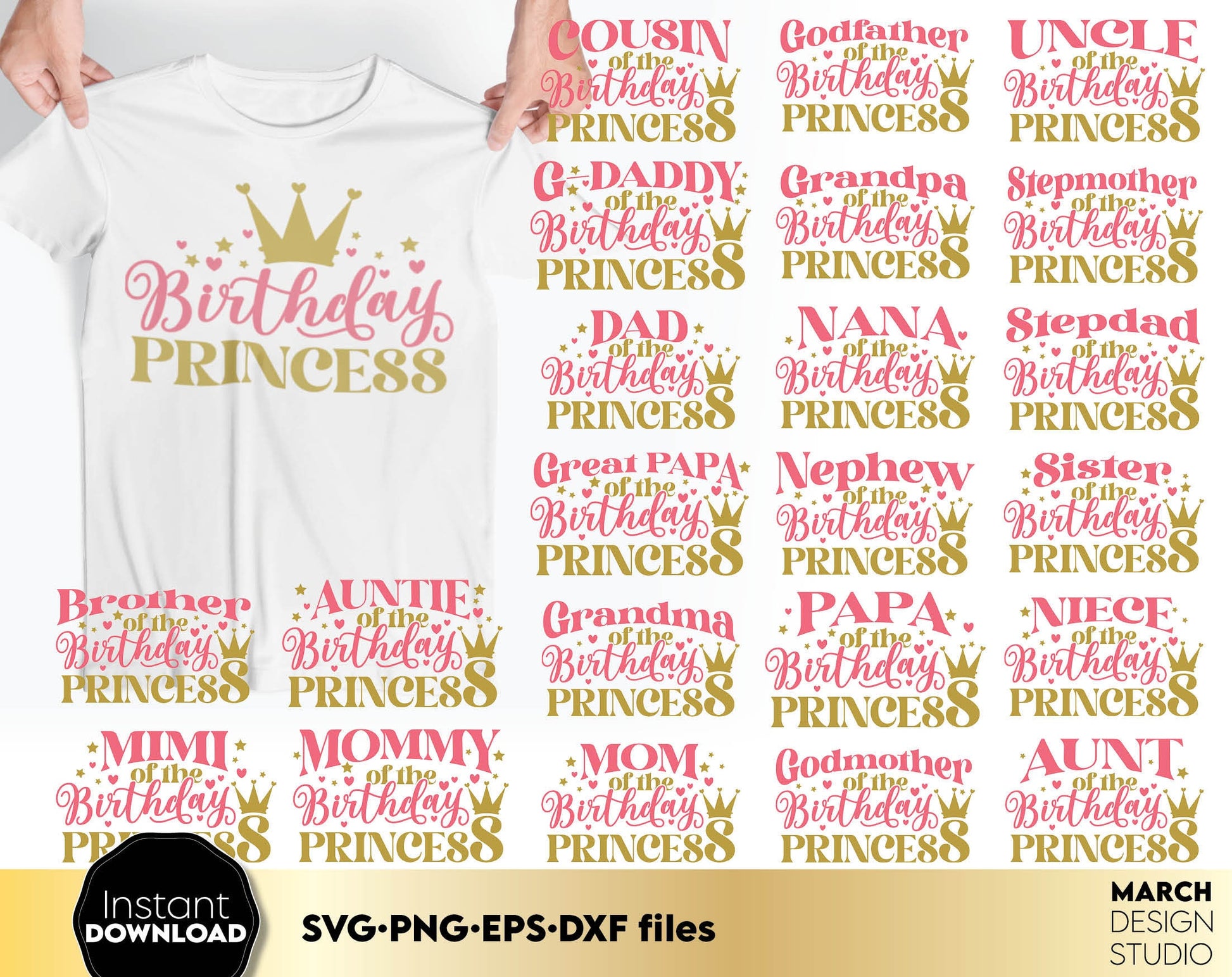 Birthday Princess birthday family bundle for birthday girl matching shirts. SVG PNG EPS DXF files included. Cut form vinyl, use for sublimation or laser cut projects. Compatible with Cricut, Silhouette or Glowforge equipment. Buy now and enjoy!