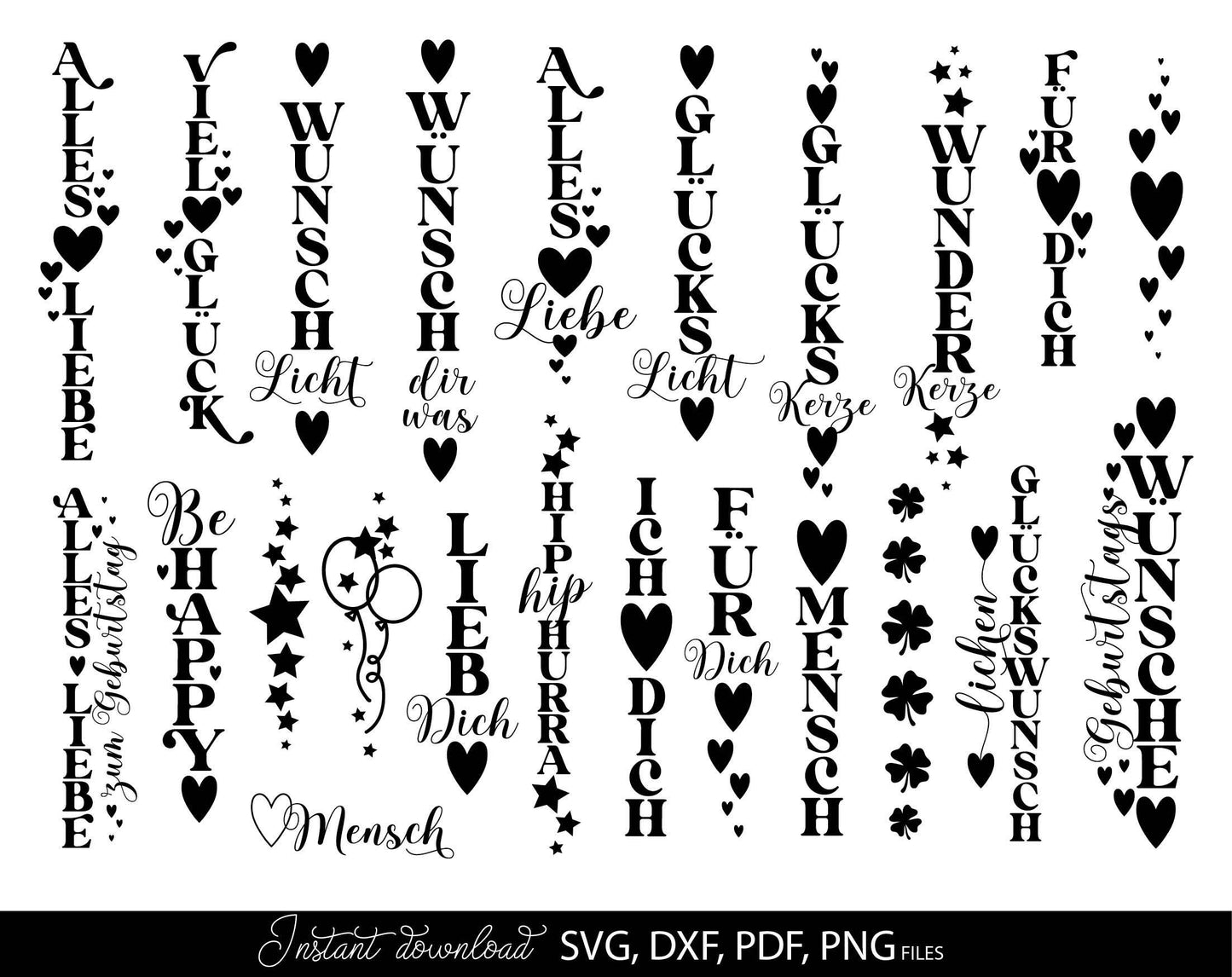 Plotter file candle texts candle design SVG PNG Glückslicht | bundle German words | cut file German lettering candle design svg png dxf eps