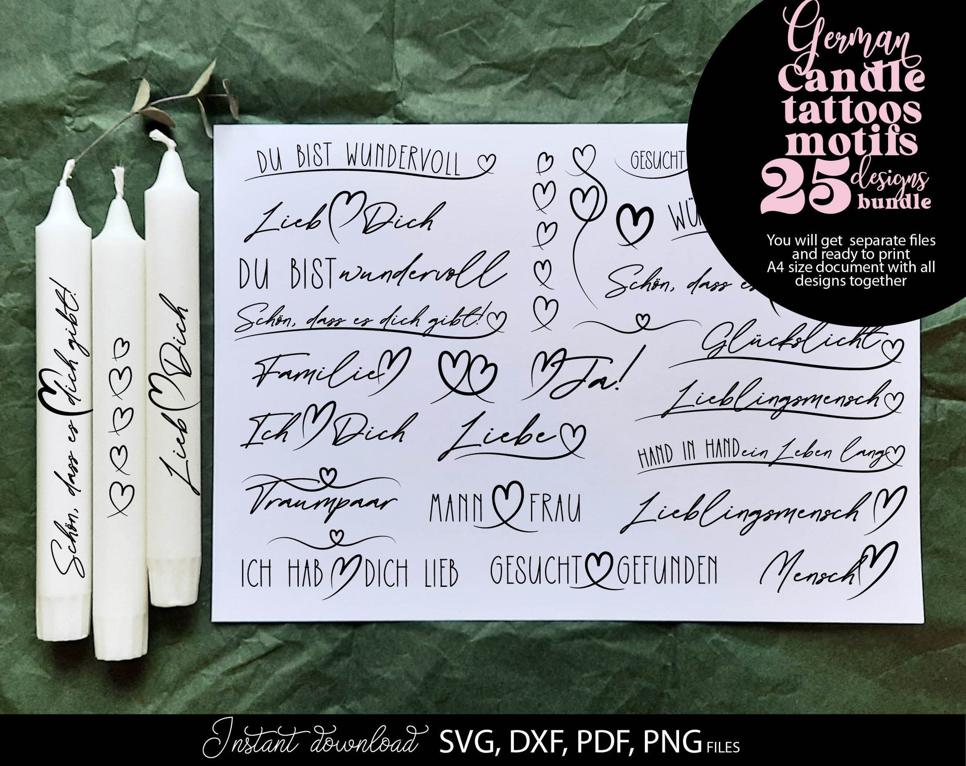 Bundle German Words Liebe Familie SVG Cut File German Lettering Christmas for You Christmas or other evening ornaments. Use for cutting from vinyl, sublimation or laser cut projects.
It looks beautiful when used to decorate candles. Buy now and enjoy