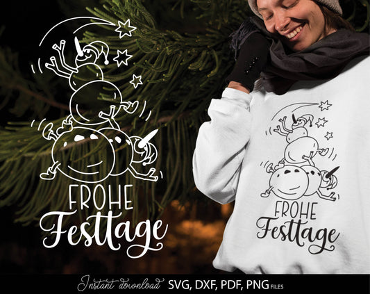 Frohe Festtage Schneemann plotter file. Use for cutting form vinyl, sublimation or laser cut projects. SVG, PNG, DXF, EPS files included. Compatible with Cricut, Silhouette, Glowforge and other equipment. Buy now and enjoy!