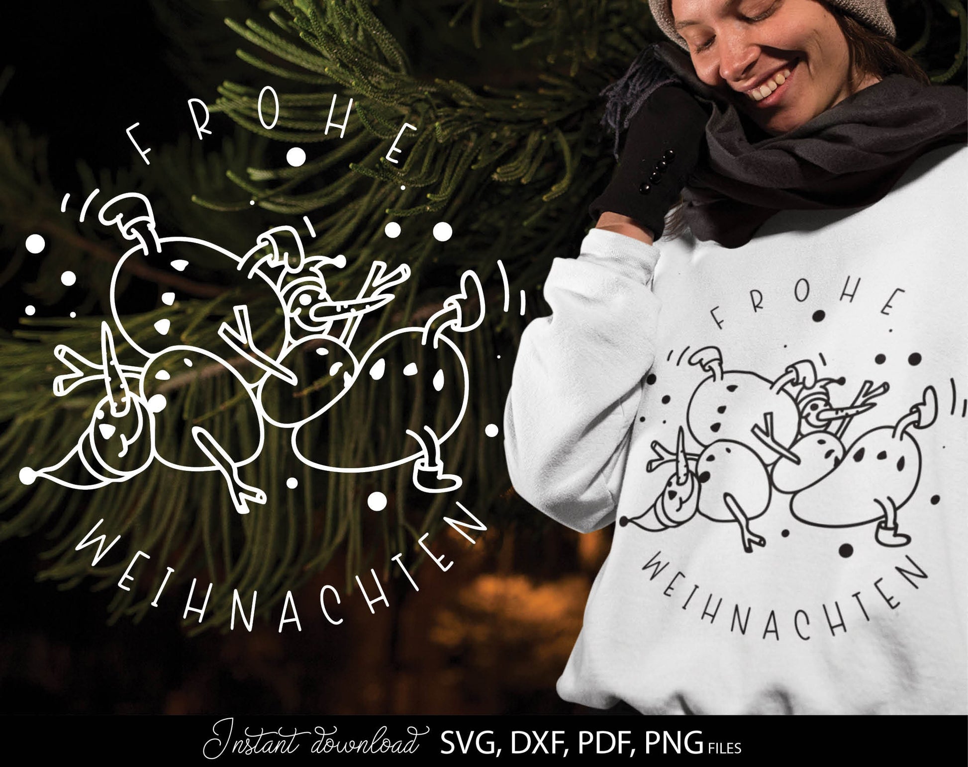 Frohe Weihnachten Schneemann plotter file. Use for cutting form vinyl, sublimation or laser cut projects. SVG, PNG, DXF, EPS files included. Compatible with Cricut, Silhouette, Glowforge and other equipment. Buy now and enjoy!