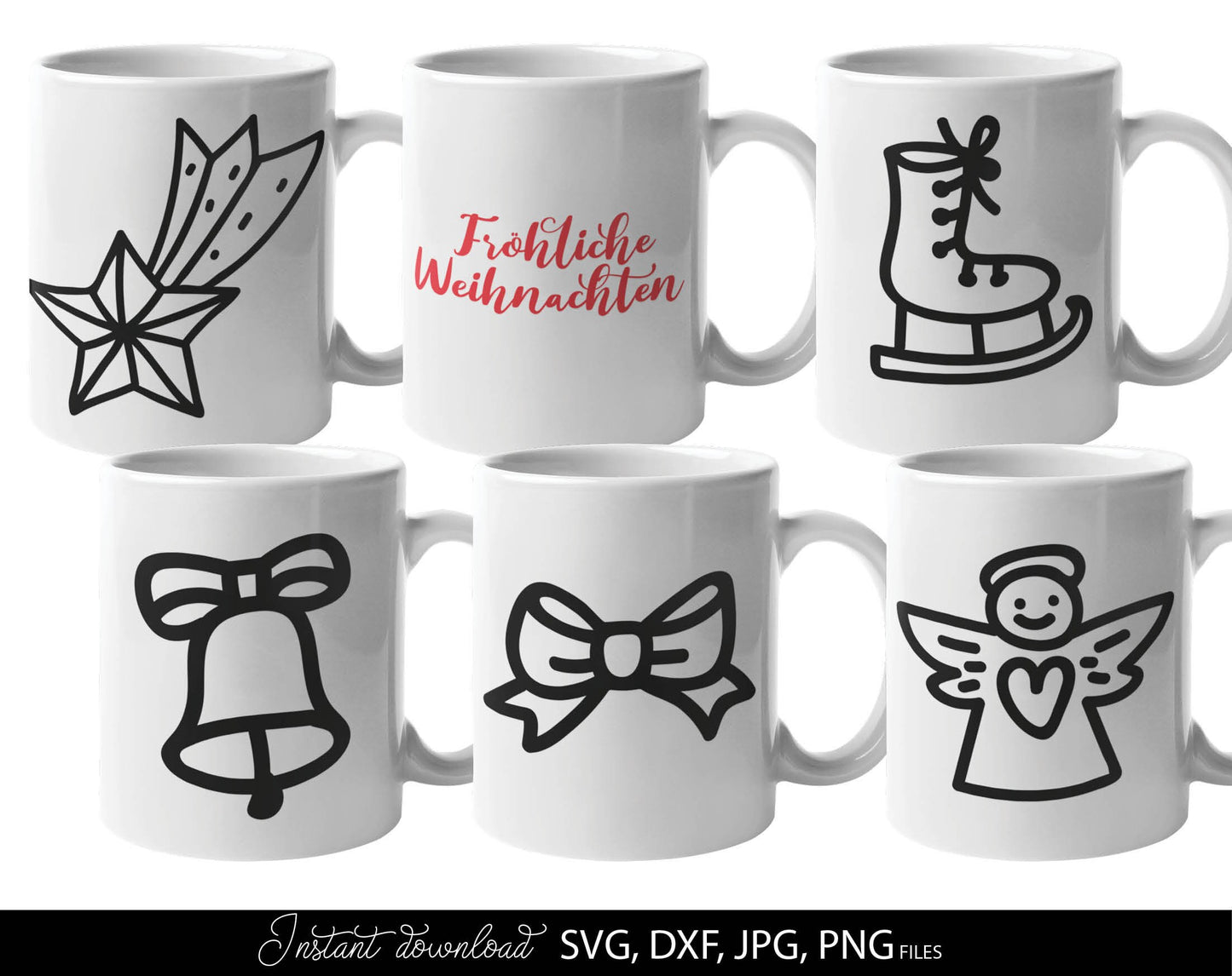 German Frohe Weihnachten plotter file svg, png, dxf, jpg designs bundle for You Christmas evening ornaments. Use for cutting from vinyl, sublimation or laser cut projects. Cut from vinyl, or use for sublimation as well. Buy now and enjoy!