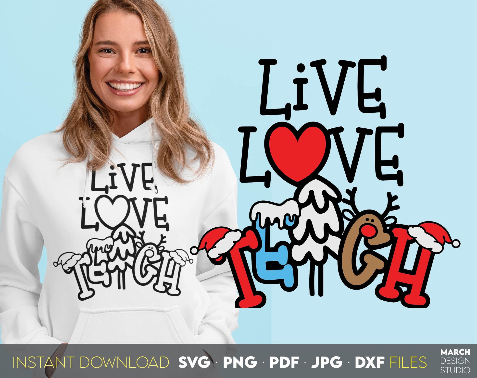 Live Love Teach Teacher Christmas doodle style letters design. Use for cutting form vinyl, sublimation or laser cut projects. SVG, PNG, DXF, EPS and JPG files included. Compatible with Cricut, Silhouette, Glowforge and other equipment. Buy now!