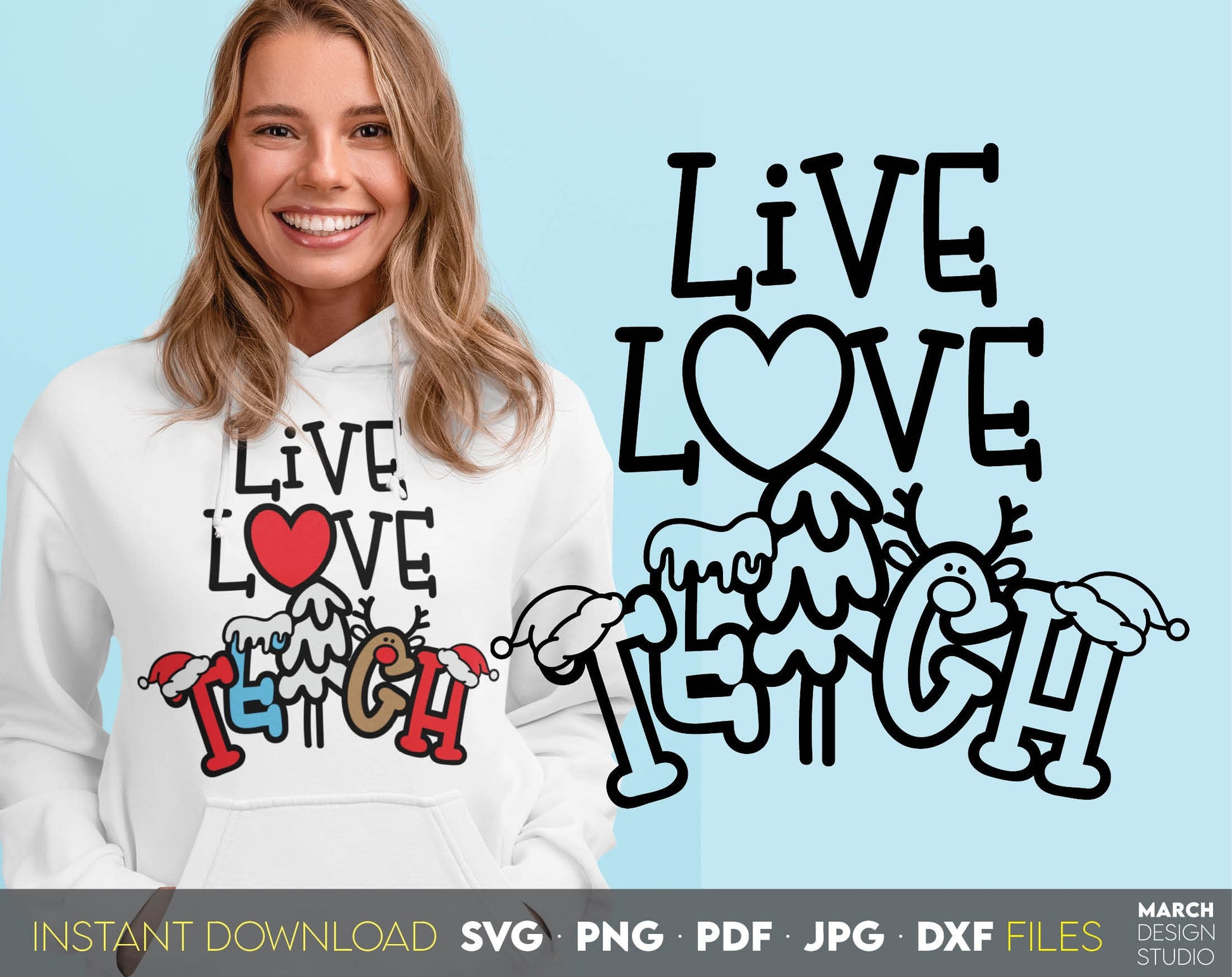 Live Love Teach Teacher Christmas doodle style letters design. Use for cutting form vinyl, sublimation or laser cut projects. SVG, PNG, DXF, EPS and JPG files included. Compatible with Cricut, Silhouette, Glowforge and other equipment. Buy now!