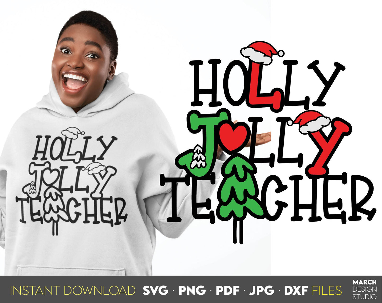 Holly Jolly Teacher design. Use for cutting form vinyl, sublimation or laser cut projects. SVG, PNG, DXF, EPS and JPG files included. Compatible with Cricut, Silhouette, Glowforge and other equipment. Buy now and enjoy!