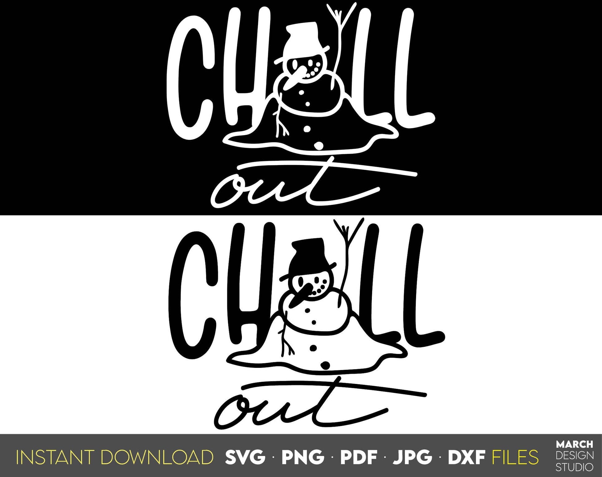 Chill Out Melting Snowman Clipart for Your Funny Christmas Ornaments. Use for cutting form vinyl, sublimation or laser cut projects. SVG, PNG, DXF, EPS and JPG files included. Compatible with Cricut, Silhouette, Glowforge and other equipment. Buy now