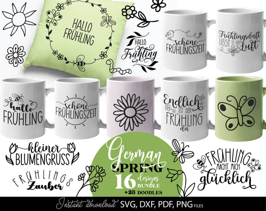 German Frühling Quotes Plotter File SVG PNG DXF EPS included. Use for cutting from vinyl, sublimation or laser cut projects. Compatible with Cricut, Silhouette or Glowforge equipment. Buy now and enjoy!
