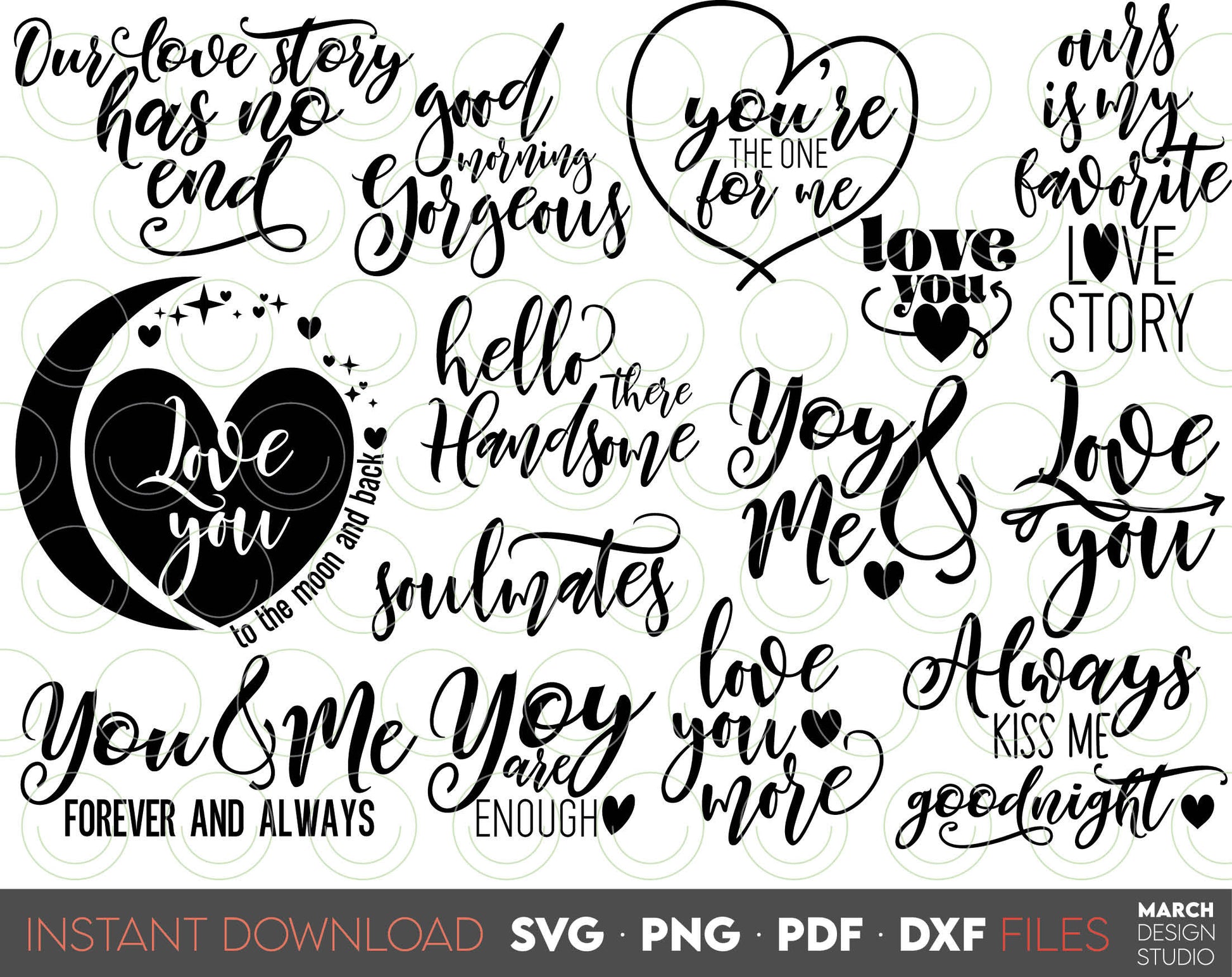 Love quotes bundle for Valentine shirt designs. Use for cards, mugs, pillows and shirts. SVG, PNG, PDF DXF files included. Compatible with Cricut, Silhouette and others machines. Use for sublimation or laser cut projects. Buy now for a good price.