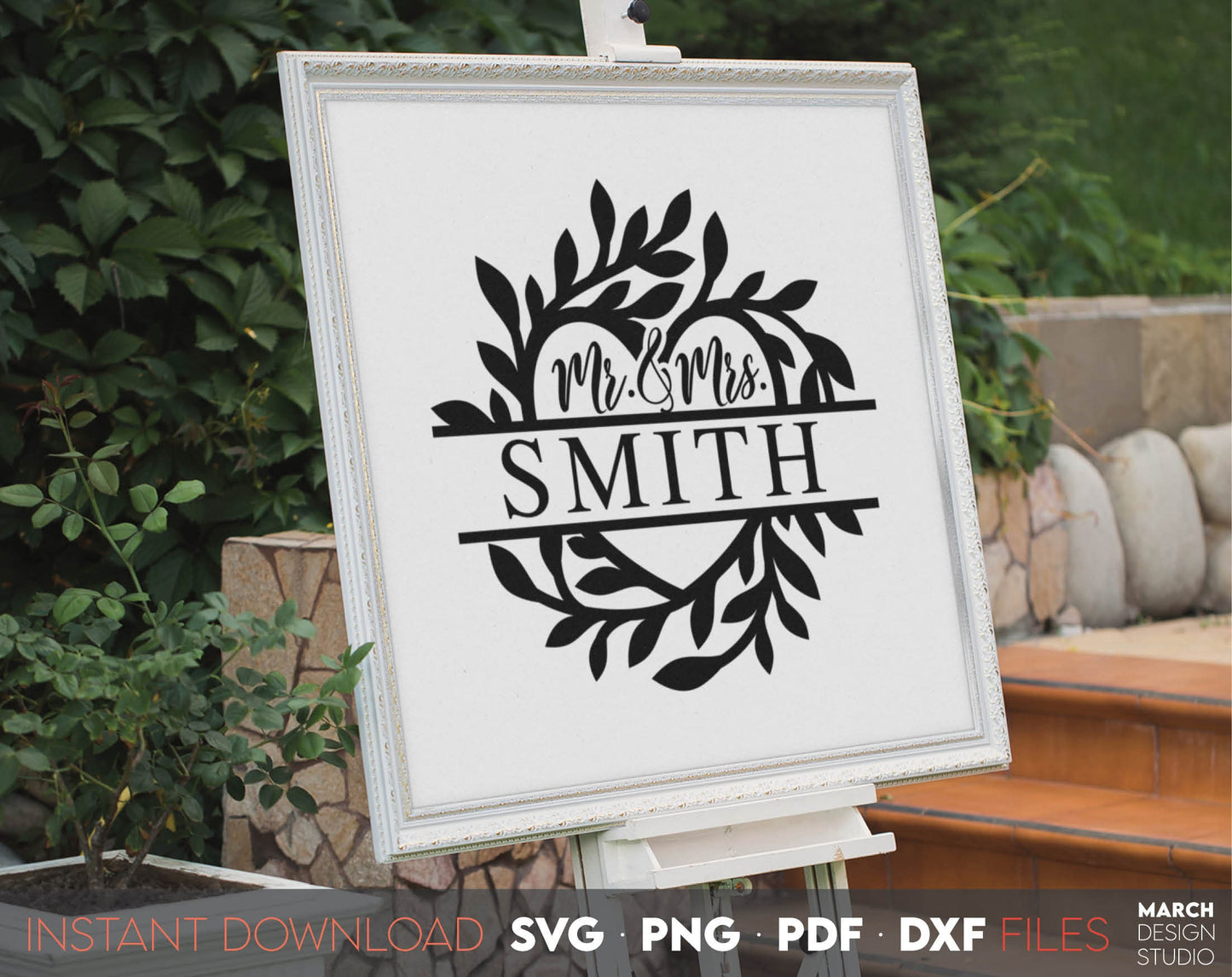 I have made these Mr and Mrs Wedding Sign design, and I hope you can use this wedding signage to surprise your loved ones with floral wreath frame in acrylic wedding or other wedding party. SVG, PNG, PDF and DXF files included. Buy now and enjoy!