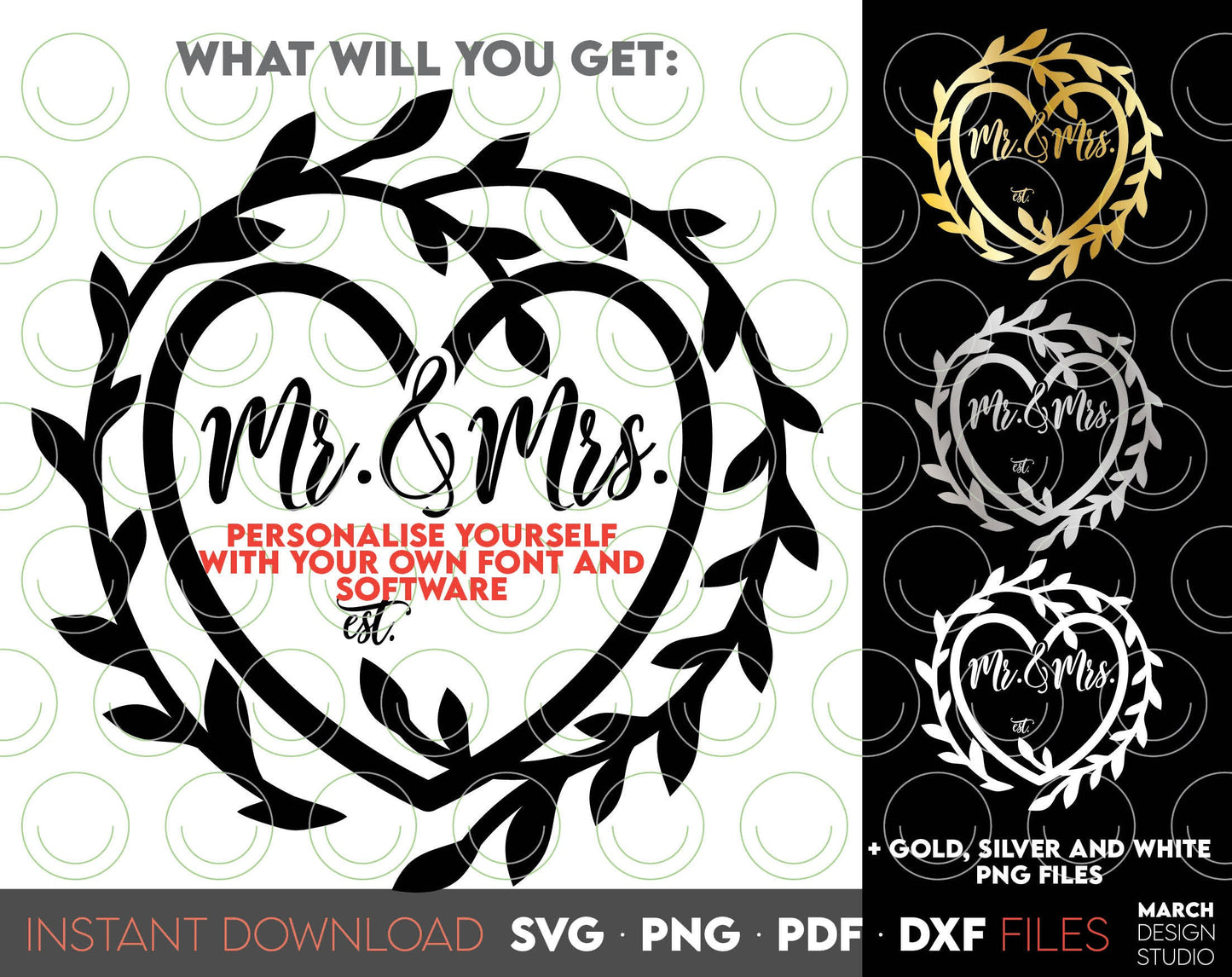 I have made these Mr and Mrs Wedding Sign design, and I hope you can use this wedding signage to surprise your loved ones with floral wreath frame in acrylic wedding or other wedding party. SVG, PNG, PDF and DXF files included. Buy now and enjoy!