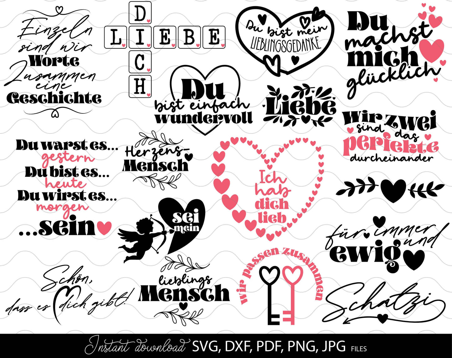 German Plotter File Lieble Quotes bundle. SVG, PNG, JPG, PDF, DXF files included. Compatible with Cricut, Silhouette and others machines. Use for sublimation or laser cut projects as well. Buy now for a good - discount price. Enjoy!