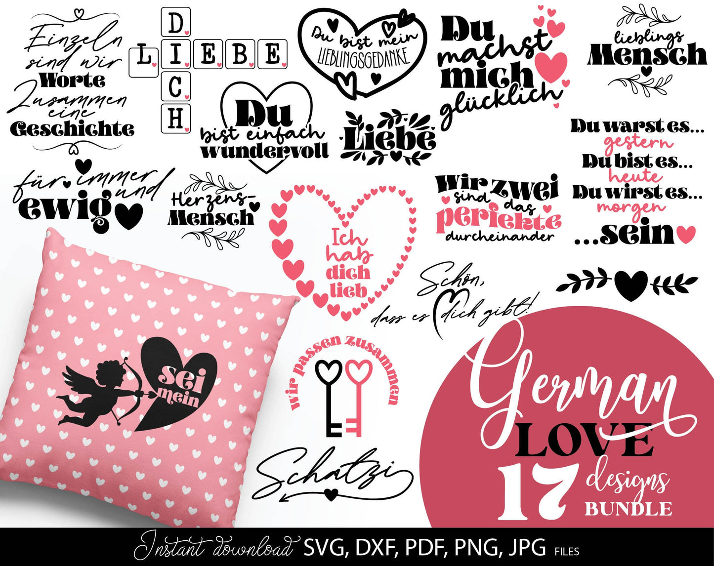 German Plotter File Lieble Quotes bundle. SVG, PNG, JPG, PDF, DXF files included. Compatible with Cricut, Silhouette and others machines. Use for sublimation or laser cut projects as well. Buy now for a good - discount price. Enjoy!