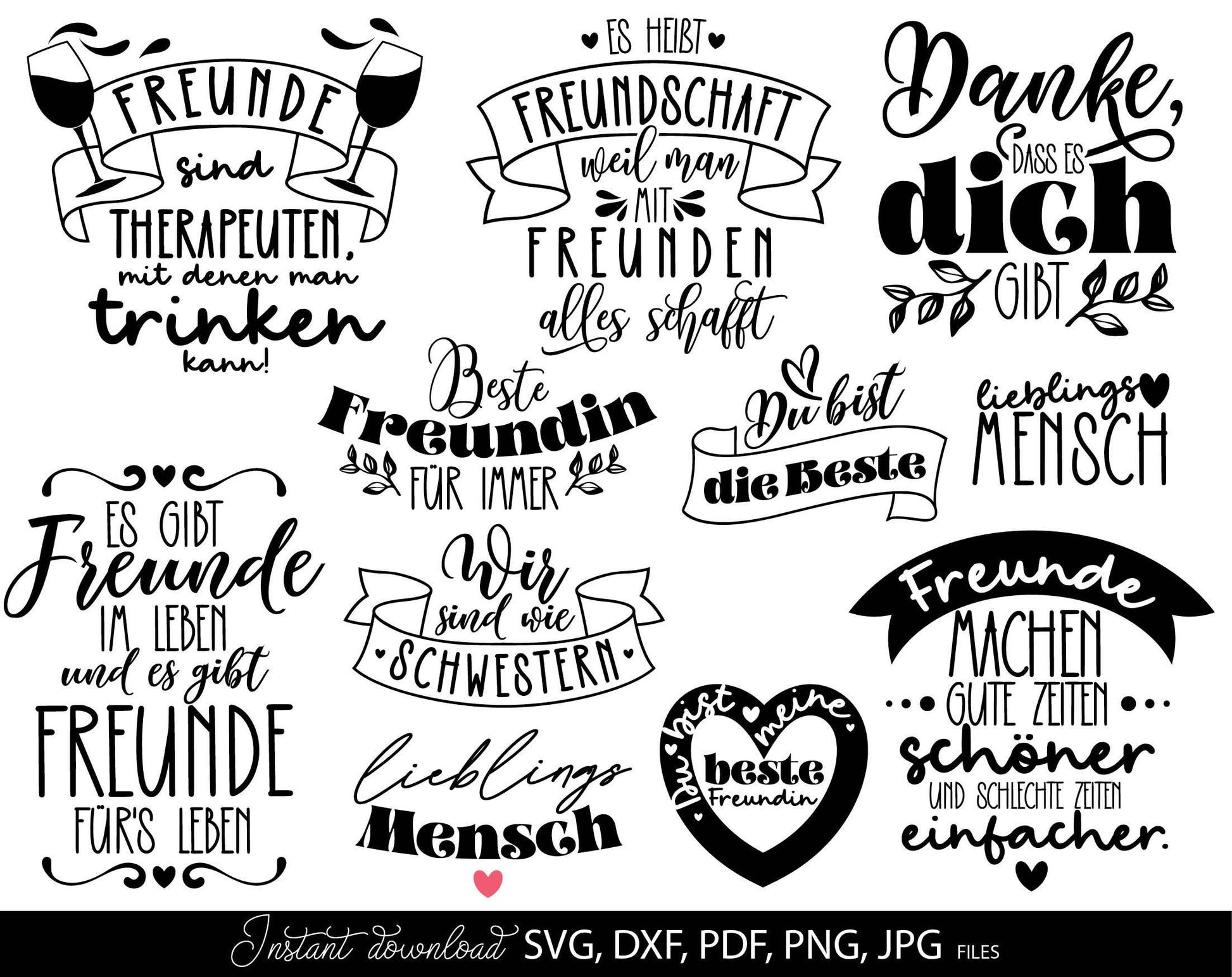 German beste freundin plotter file bundle. SVG, PNG, JPG, PDF, DXF files included. Compatible with Cricut, Silhouette and others machines. Use for sublimation or laser cut projects as well. Buy now for a good - discount price. Enjoy!