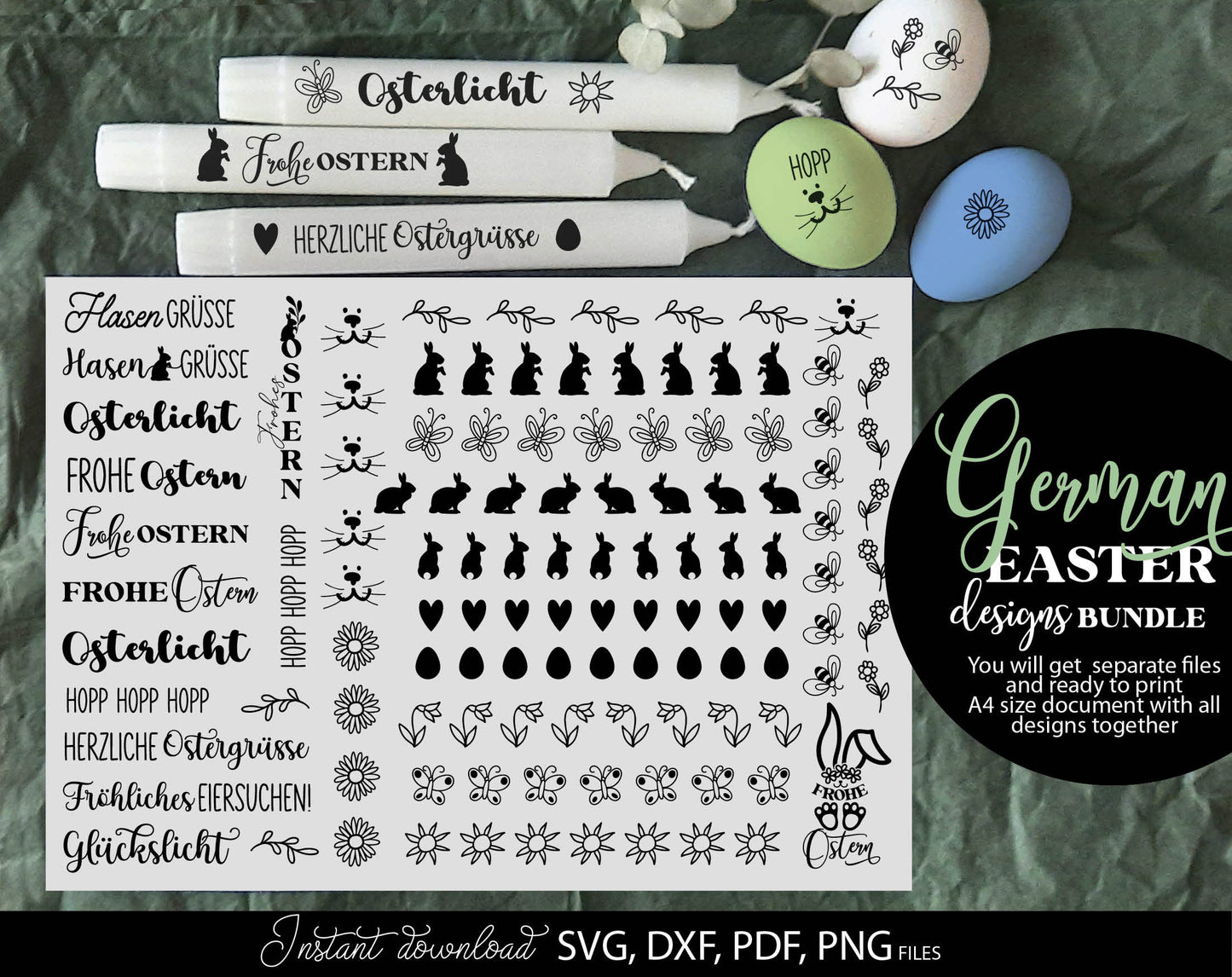 Bundle German Words Ostern Plotter Files for Candle Texts and Ostern Candle Tattoo Designs. Use with water slide paper. With Cricut, Silhouette or Glowforge as well. SVG, DXF, PDF and PNG files included. Buy now for a good price and enjoy!