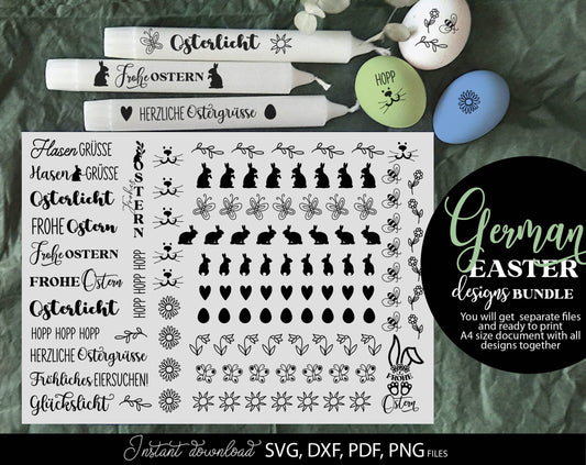 Bundle German Words Ostern Plotter Files for Candle Texts and Ostern Candle Tattoo Designs. Use with water slide paper. With Cricut, Silhouette or Glowforge as well. SVG, DXF, PDF and PNG files included. Buy now for a good price and enjoy!