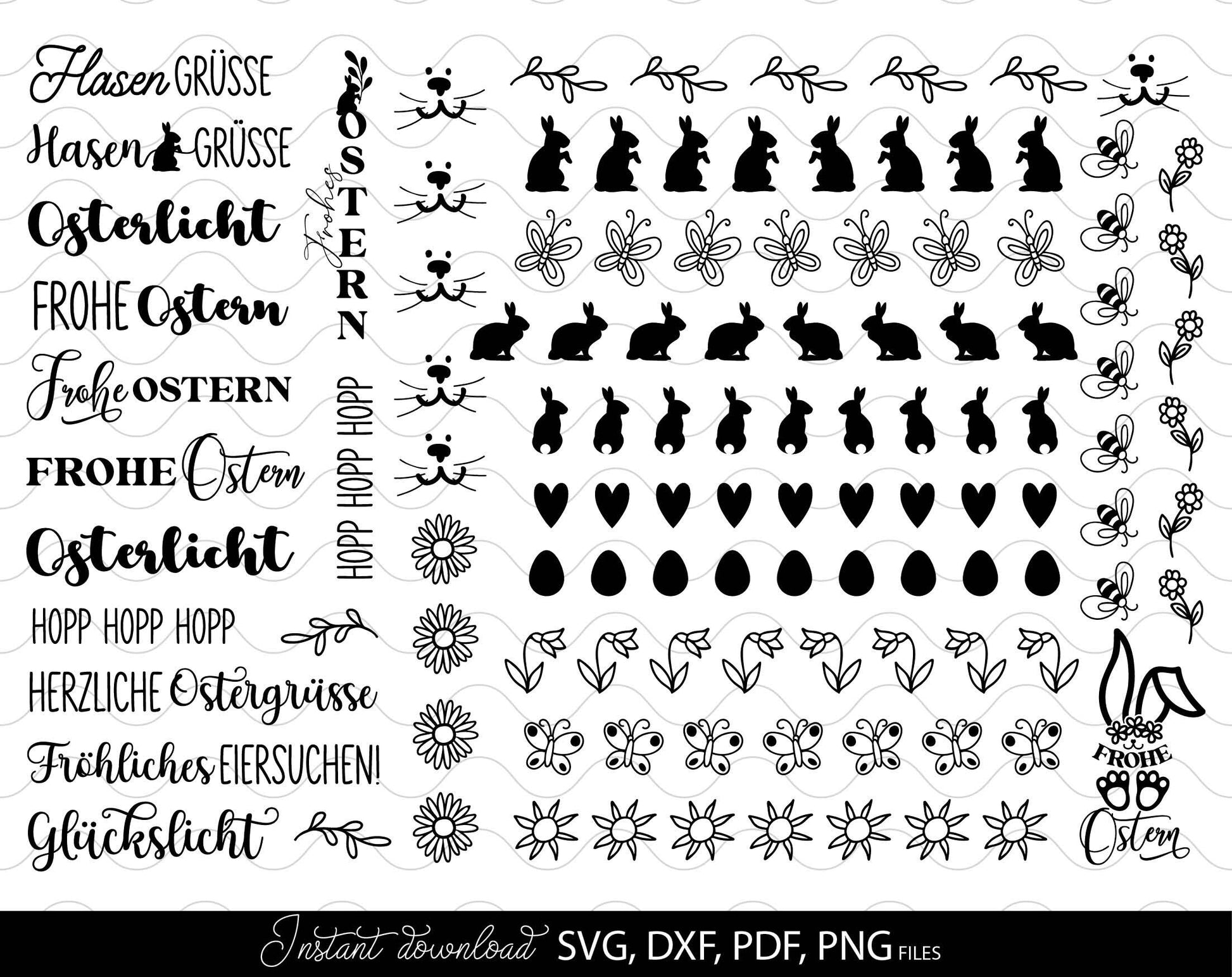 Bundle German Words Ostern Plotter Files for Candle Texts and Ostern Candle Tattoo Designs. Use with water slide paper. With Cricut, Silhouette or Glowforge as well. SVG, DXF, PDF and PNG files included. Buy now for a good price and enjoy!